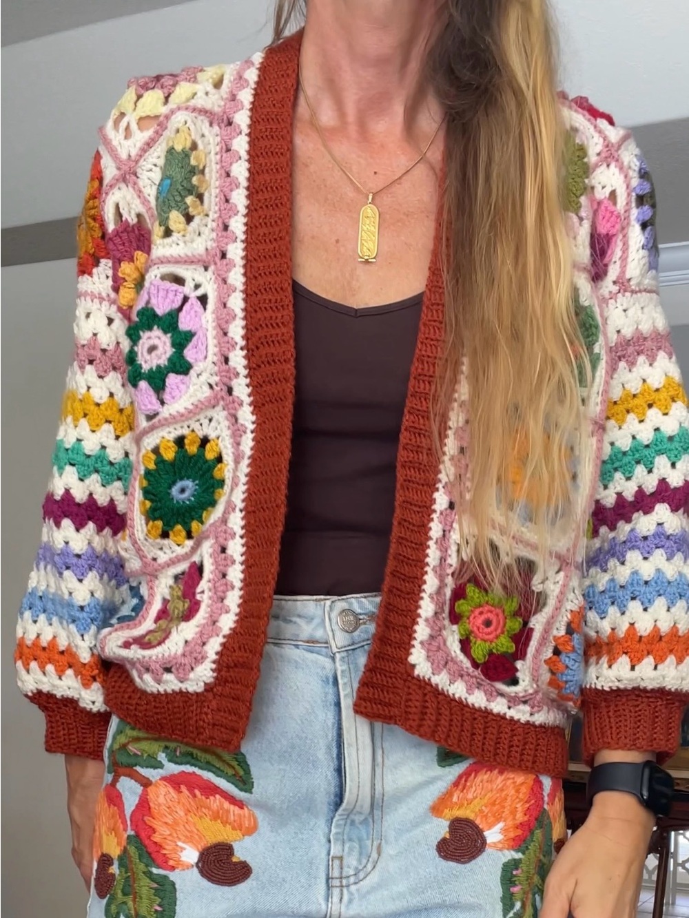 Multicolor Crochet Granny Square Cardigan Sweater - Cream Base with Rust Trim